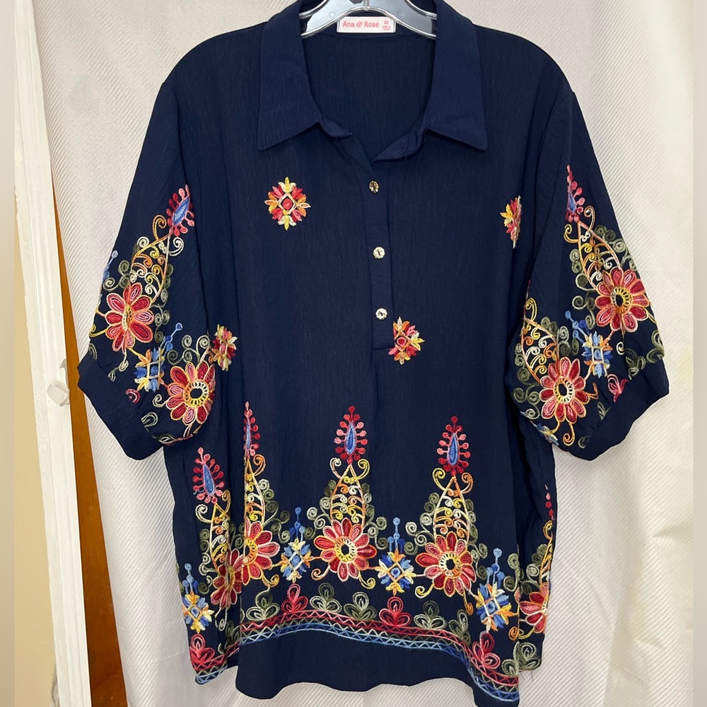 Embroidered Dark Blue Women’s Top Multicolor Floral design. Plus Size 3X